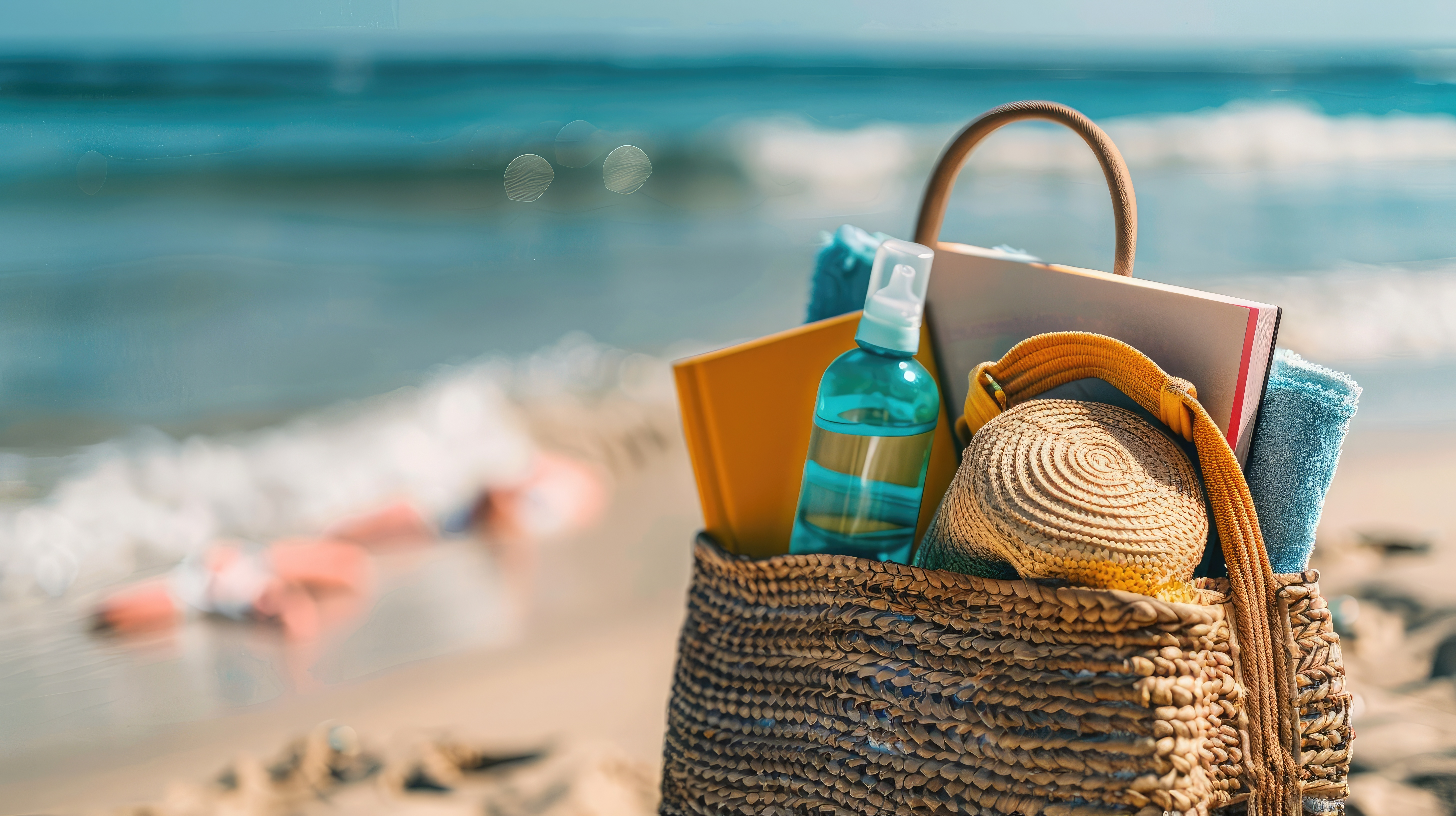 Sommerliche Haarpflege-Produkte in einer Strandtasche für gesunde Haare im Urlaub.