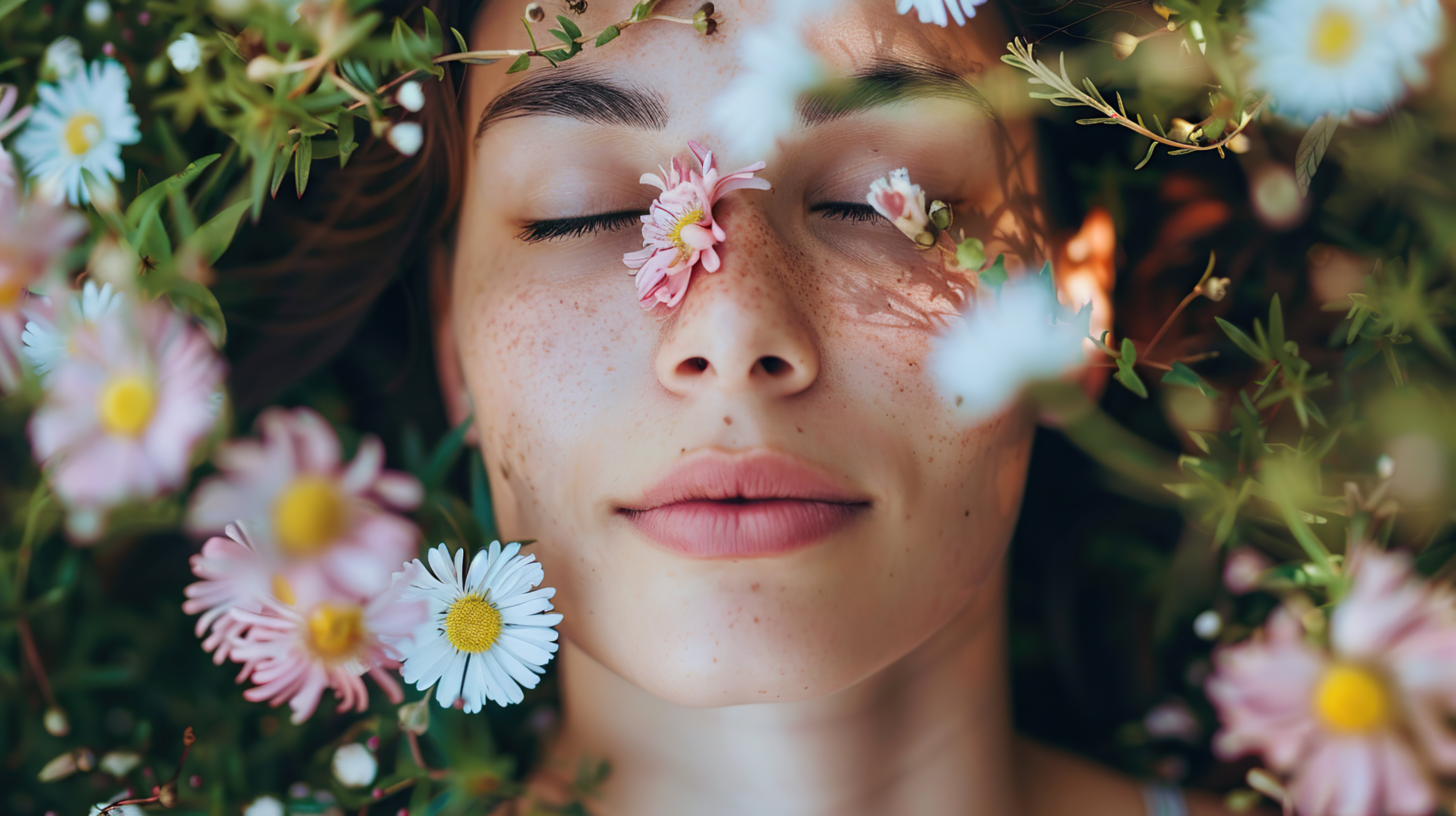 Frau mit strahlender Haut liegt auf einer blühenden Frühlingswiese, das Gesicht von Blumen verdeckt.